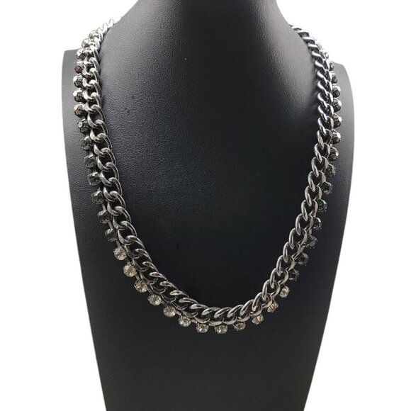 Chunky Silver-Tone Double Chain Necklace With Rhinestone Accents 24" Boho Style - Picture 1 of 15